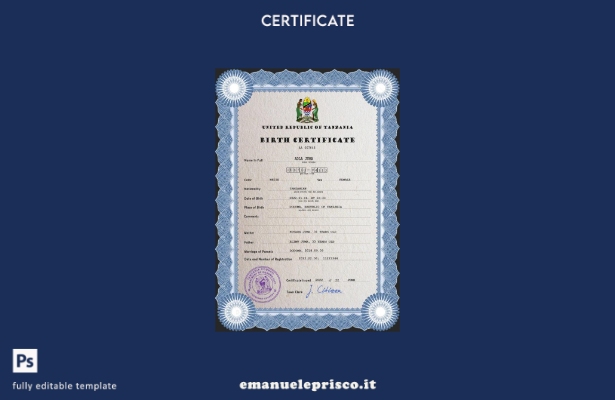 Modello PSD del certificato di nascita della Tanzania in stile verificato